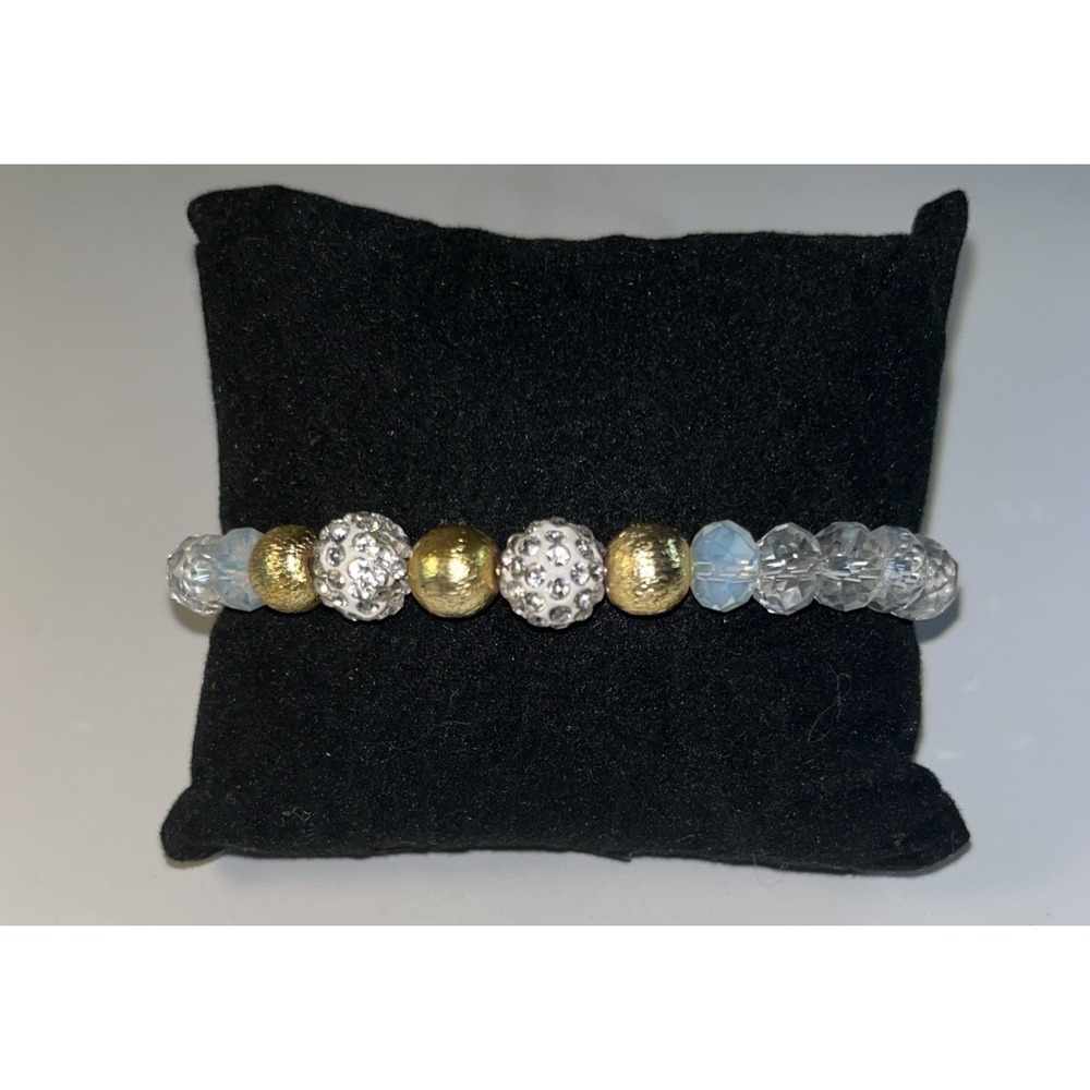 Bracelet Victoria Lynn Clear Crystal Bead Stretch Gold Tone Pave Sparkle‎ Glam
